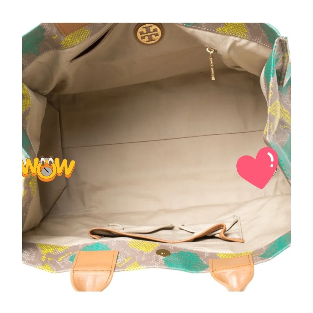 Tory Burch Ella Tote Bag Green Yellow Snakeskin Print‎ Canvas Leather Trim Large